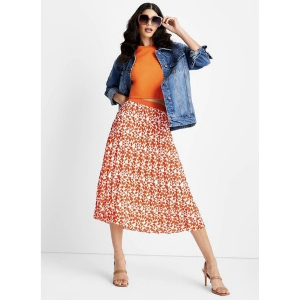 Future Collective x Kahlana Barfield Brown Pleated Midi Skirt Size 10 Orange